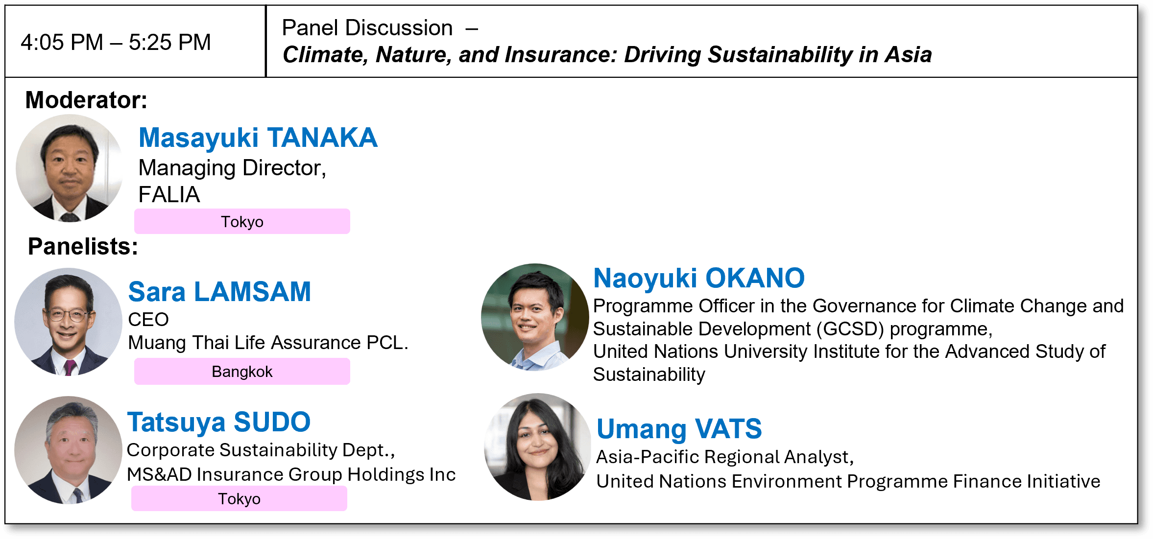 4:05 PM – 5:25 PM Panel Discussion –
Sustainable Society and Insurance Industry
