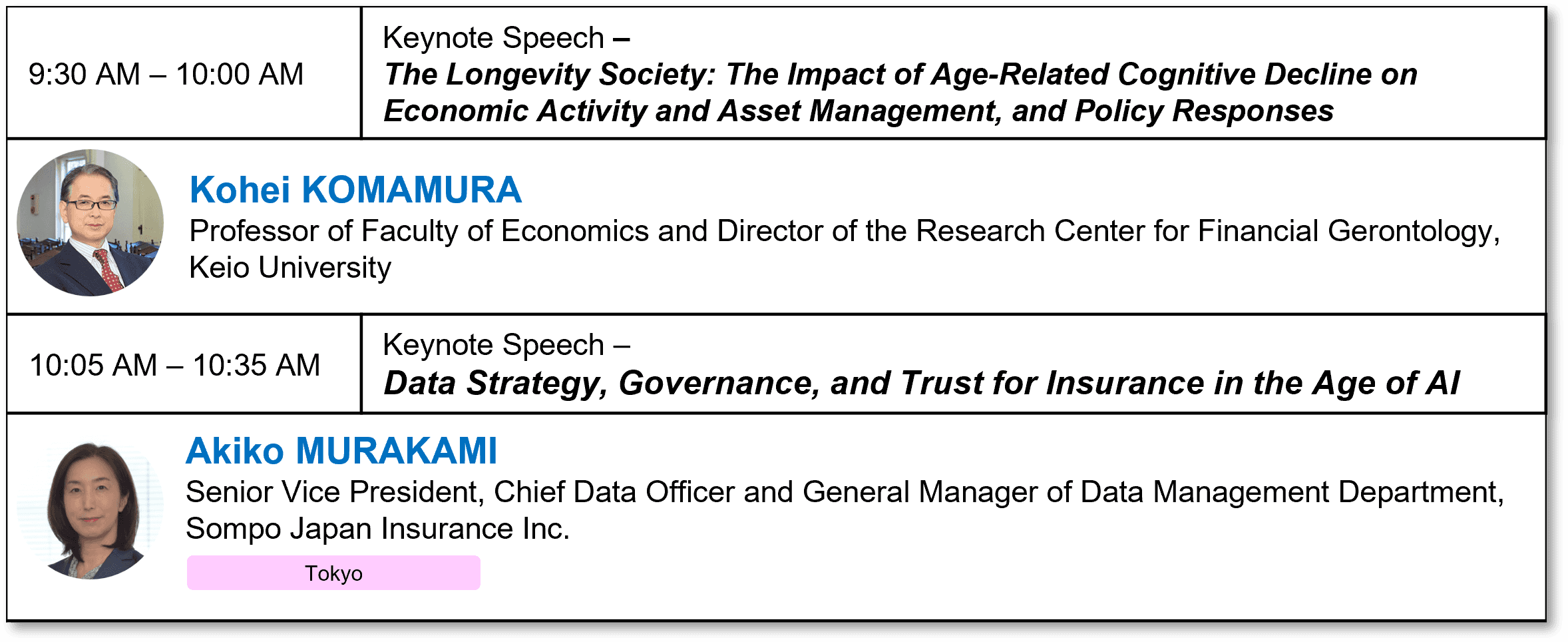 9:30 AM – 10:00 AM Keynote Speech
10:05 AM – 10:35 AM Keynote Speech