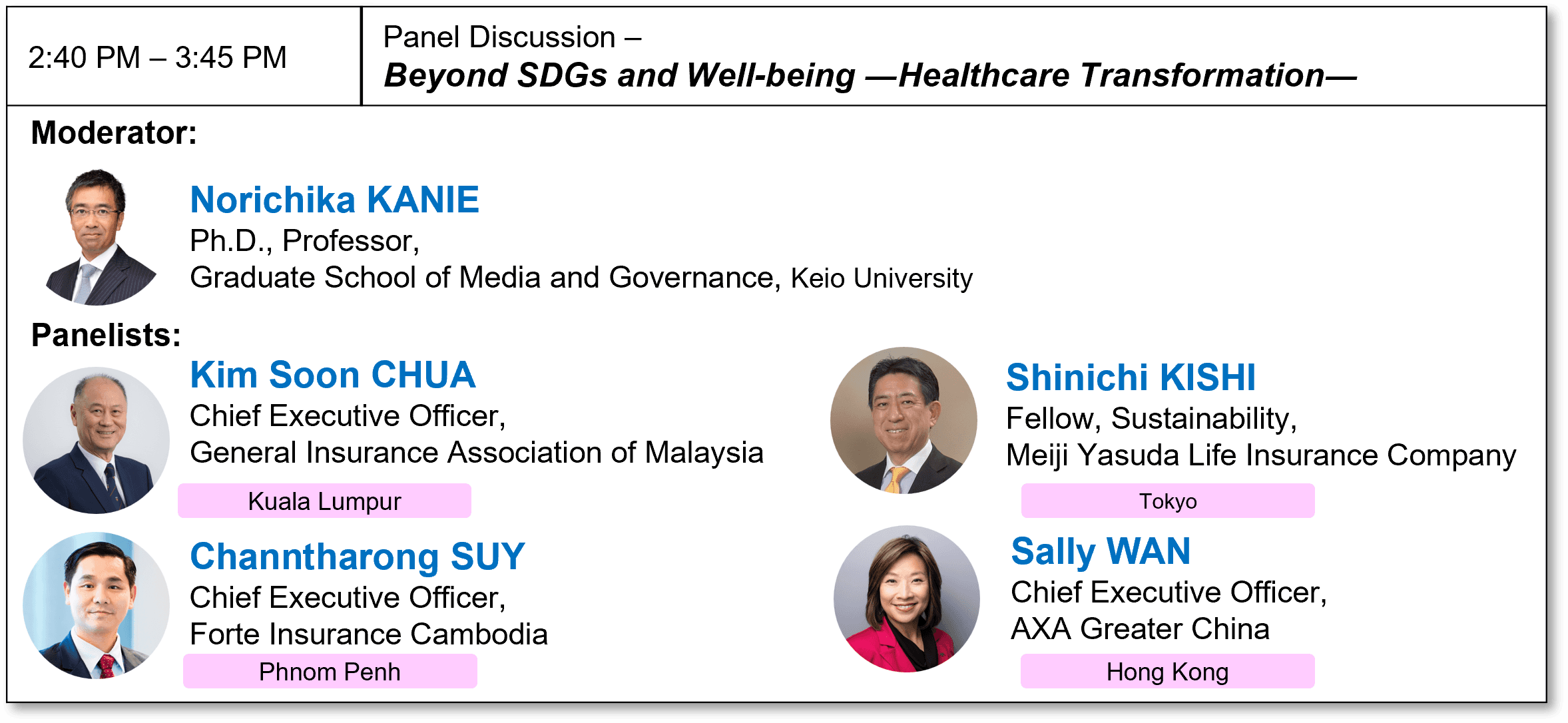 2:40 PM – 3:45 PM Panel Discussion –
Beyond SDGs and Well-being ―Healthcare Transformation―